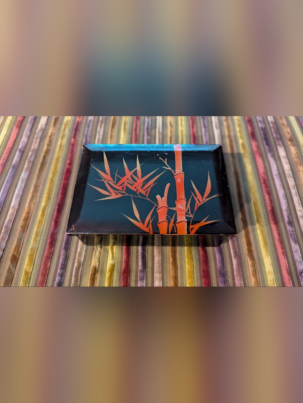 Vintage Black Lacquer Japanese Musical Jewelry Box with Red Bamboo Motif